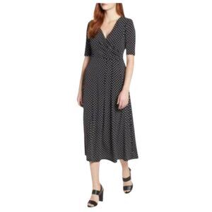 Chaus L Laura Faux Wrap Midi Dress Black Polka Dot Travel Career Office Modest